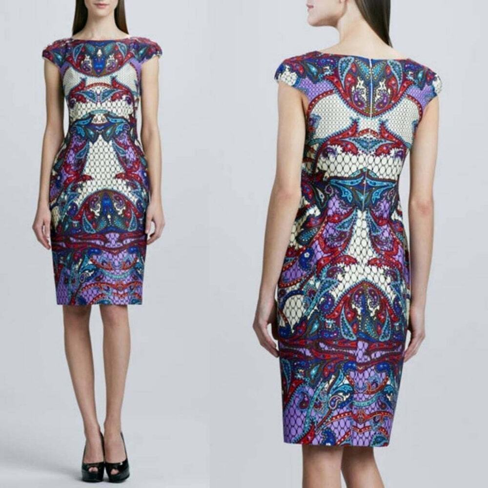 David Meister Dress Womens Sz 8 Paisley Printed Fully Lined Cap Sleeves Back Zip